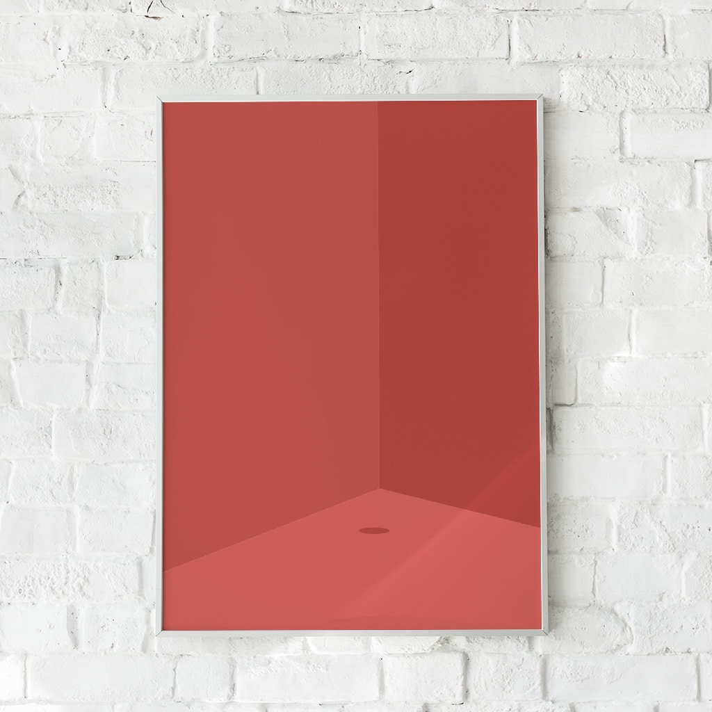 Monokrom rød plakat med subtile skygger og en minimalistisk rumillusion.