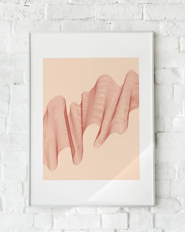 Abstrakt plakat med rødlige bølger på en beige baggrund.