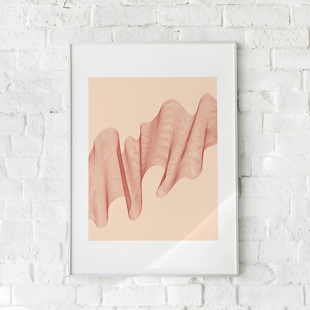 Abstrakt plakat med rødlige bølger på en beige baggrund.