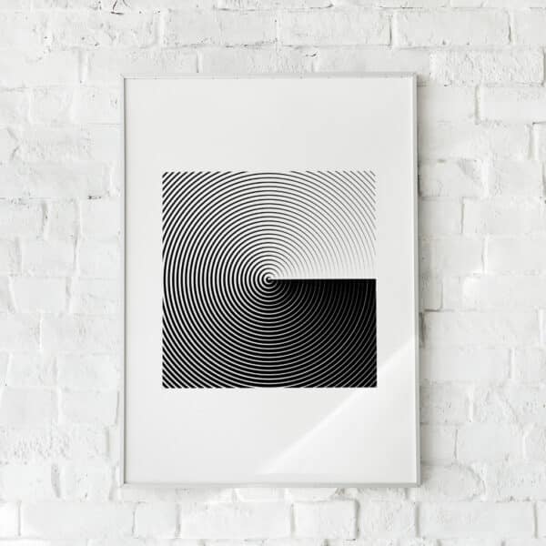 Sort-hvid geometrisk plakat med koncentriske cirkler.
