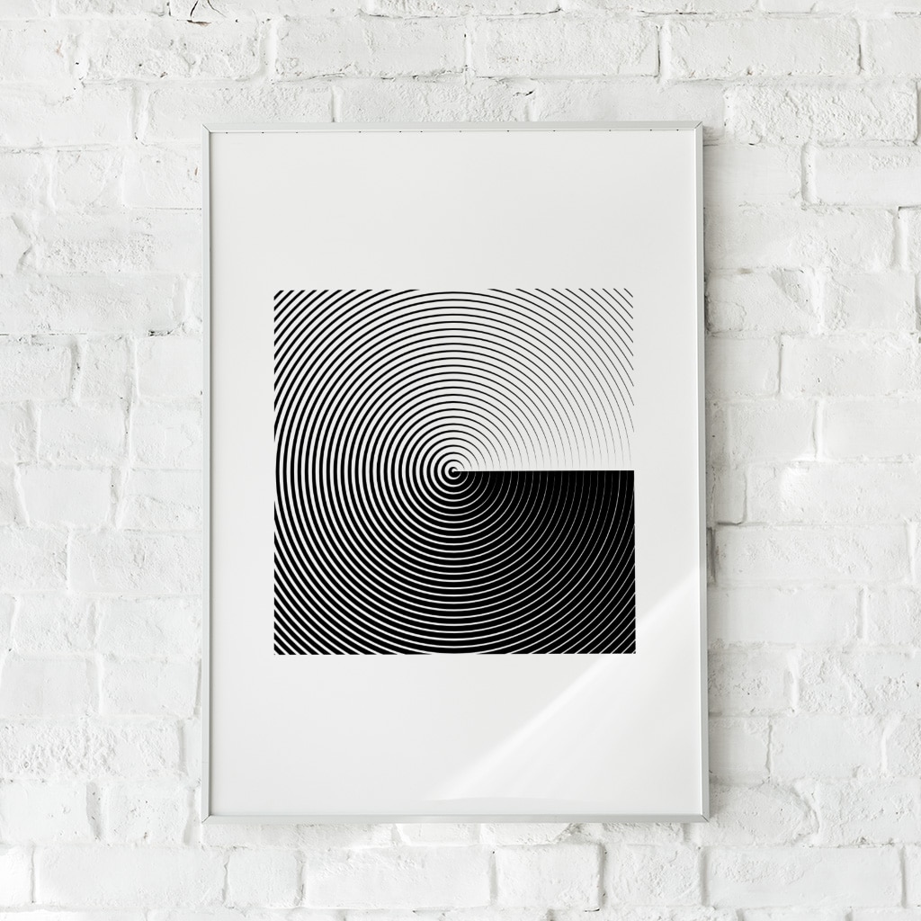 Sort-hvid geometrisk plakat med koncentriske cirkler.