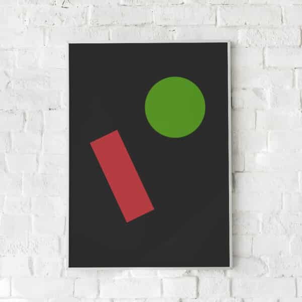 Minimalistisk plakat med skarpe geometriske former på sort baggrund.