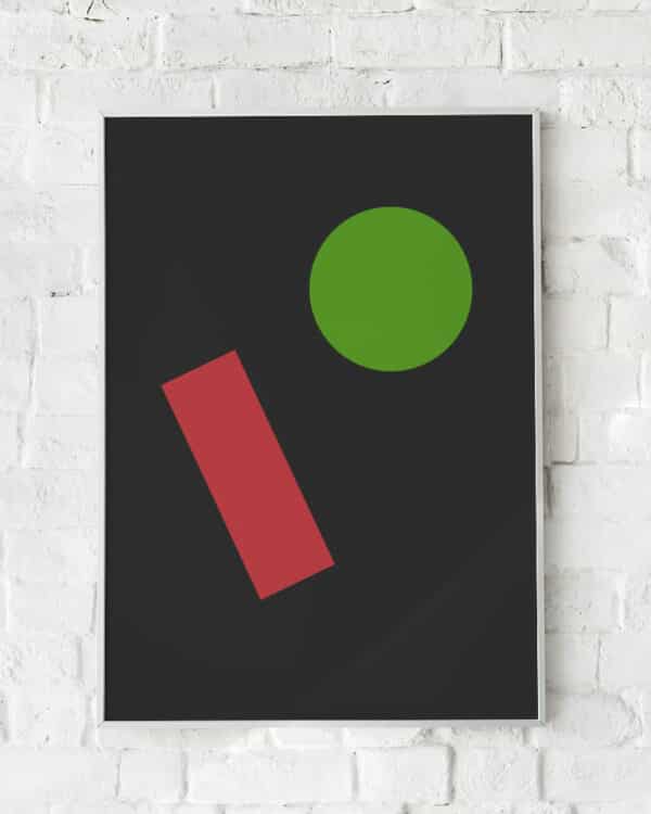 Minimalistisk plakat med skarpe geometriske former på sort baggrund.