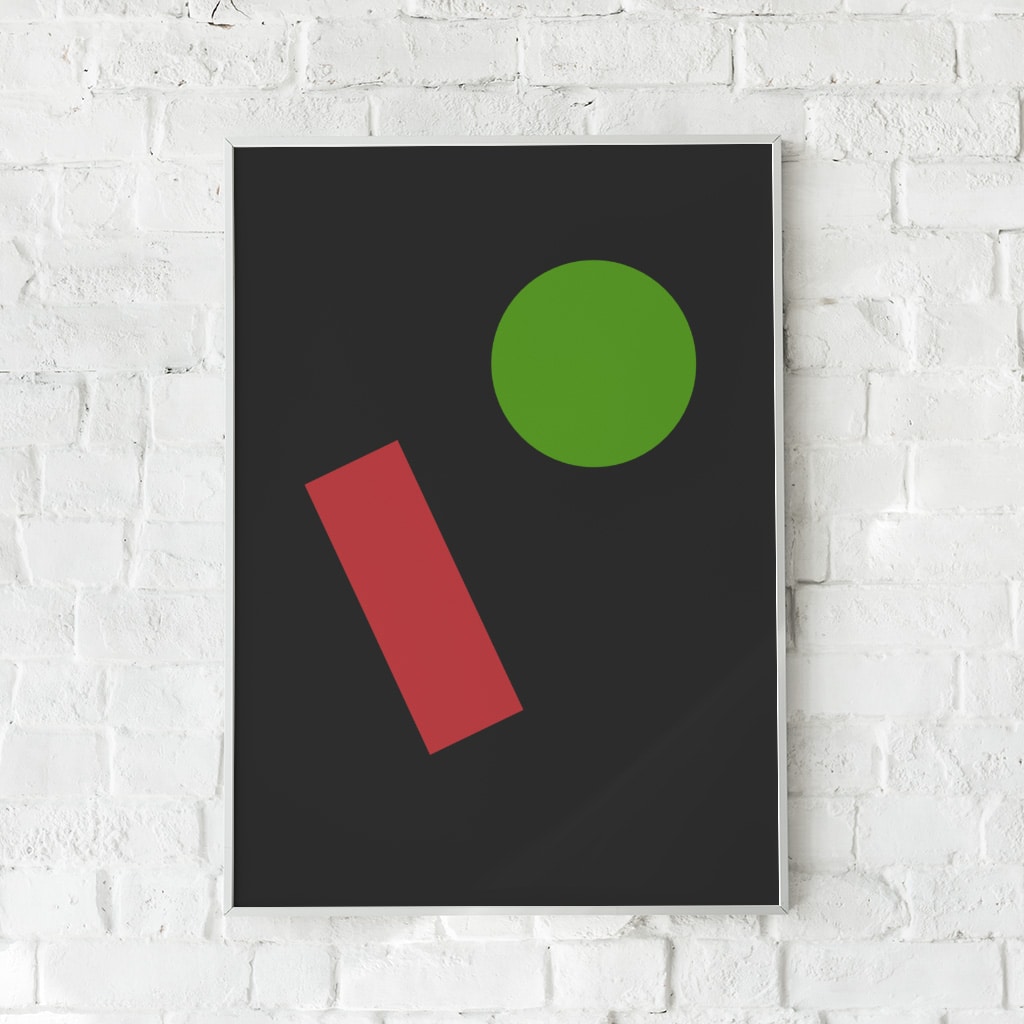 Minimalistisk plakat med skarpe geometriske former på sort baggrund.