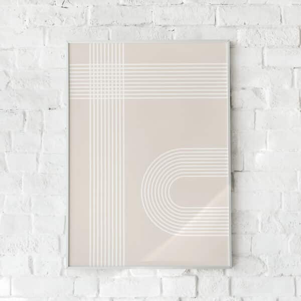 Minimalistisk plakat med en geometrisk regnbue i dæmpede farver.