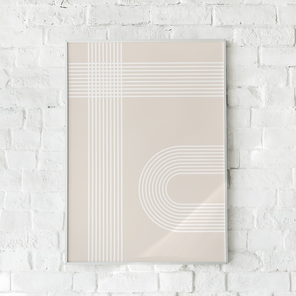 Minimalistisk plakat med en geometrisk regnbue i dæmpede farver.