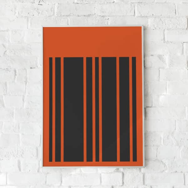 Grafisk plakat med sorte streger på en brændt orange baggrund.