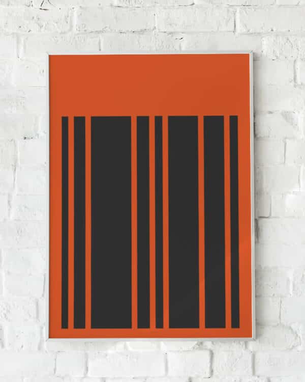 Grafisk plakat med sorte streger på en brændt orange baggrund.