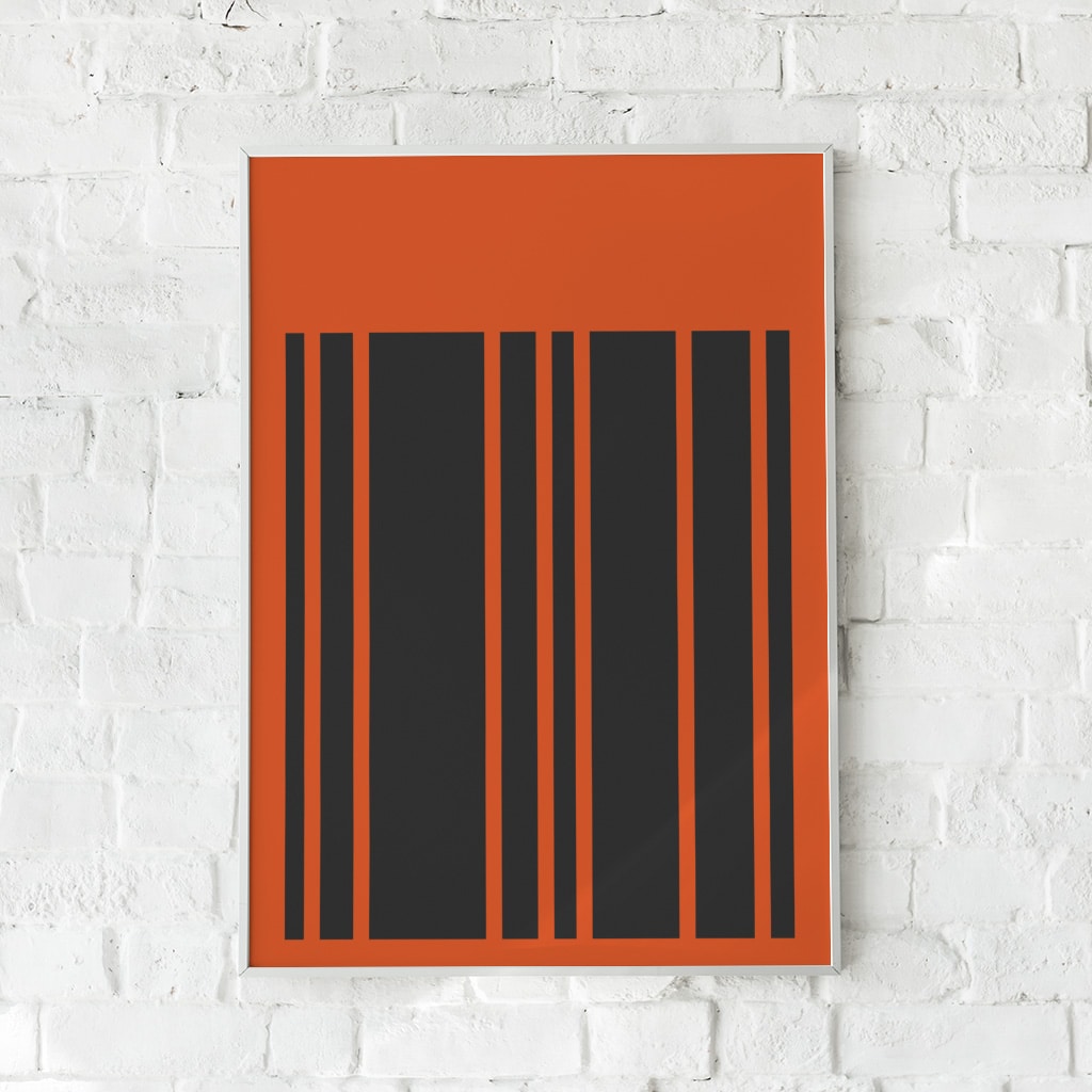 Grafisk plakat med sorte streger på en brændt orange baggrund.