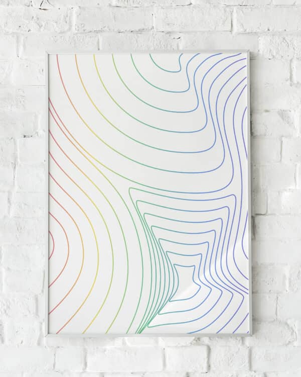 Minimalistisk plakat med bølgende linjer i regnbuefarver.