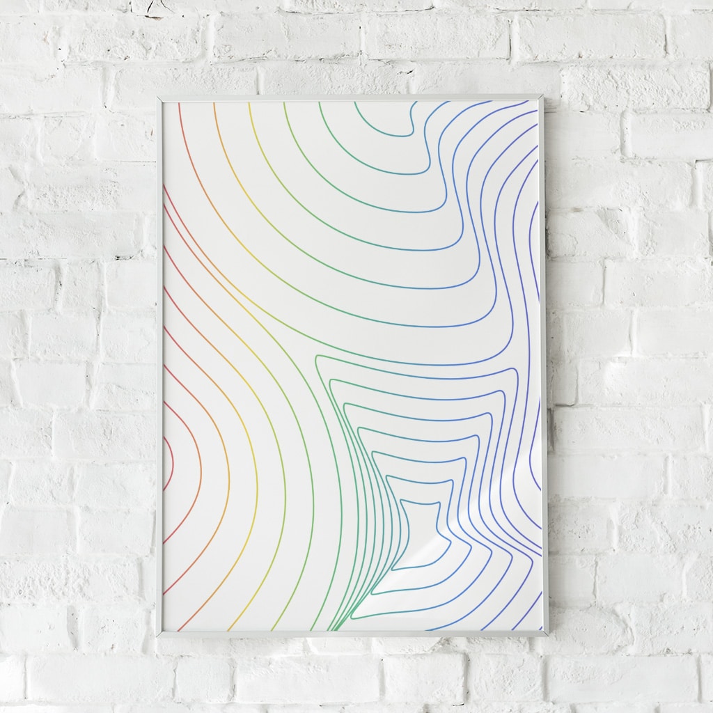 Minimalistisk plakat med bølgende linjer i regnbuefarver.