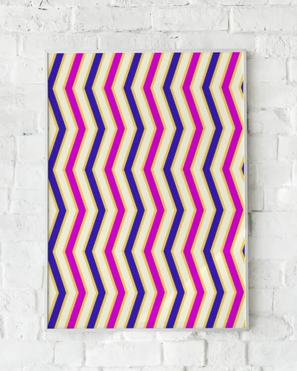 Plakat med zigzag-mønster i livlige farver som blå