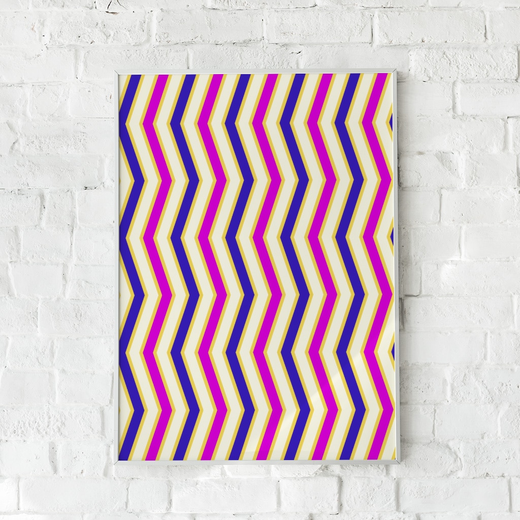 Plakat med zigzag-mønster i livlige farver som blå