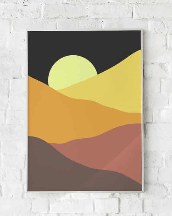 Minimalistisk plakat med en sol over bølgende bakker i jordfarver.