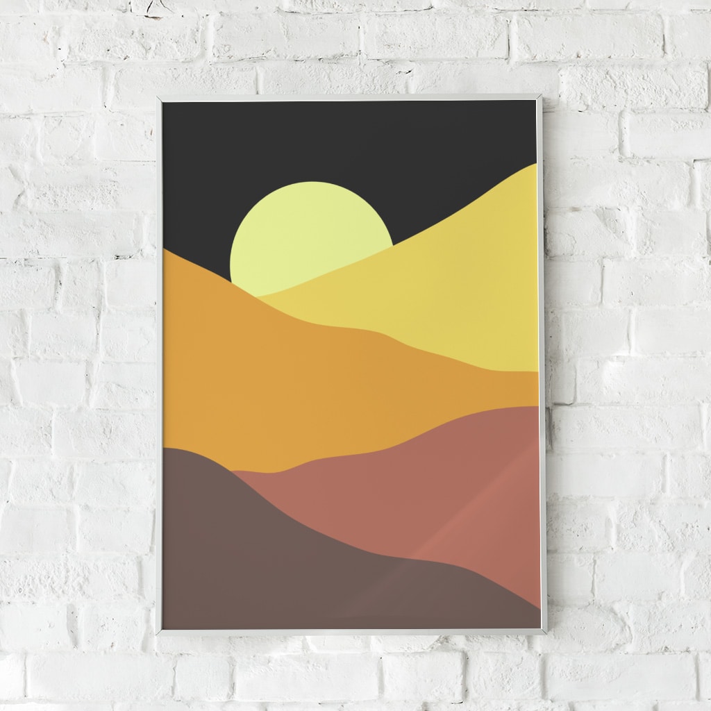 Minimalistisk plakat med en sol over bølgende bakker i jordfarver.