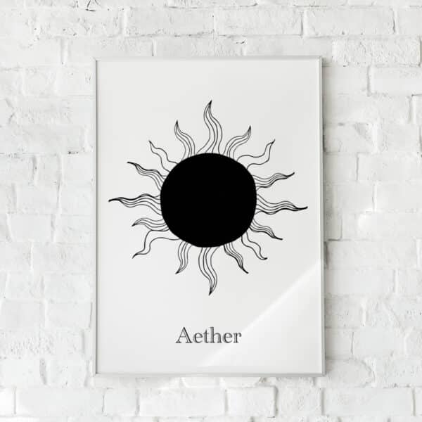 Minimalistisk plakat med en sort sol og bølgende stråler.