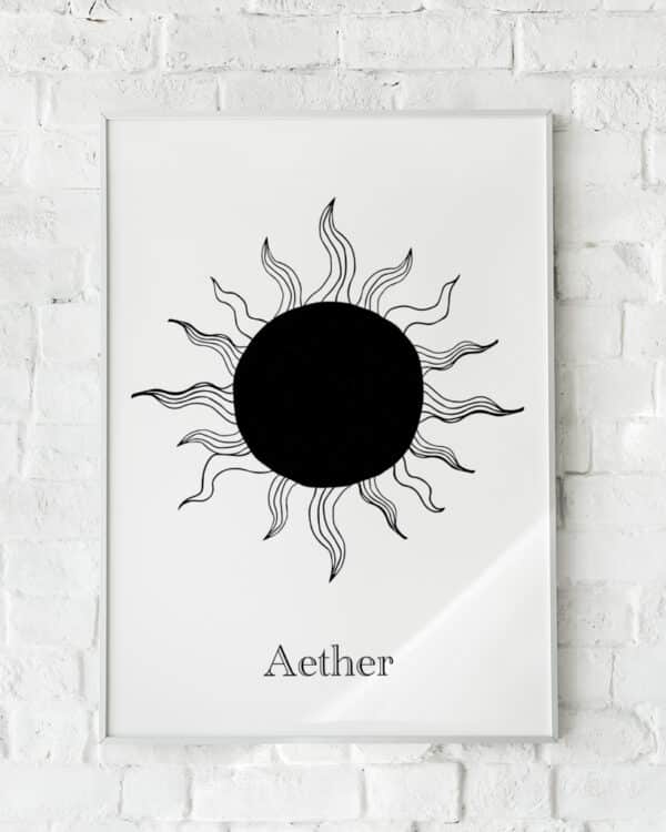 Minimalistisk plakat med en sort sol og bølgende stråler.