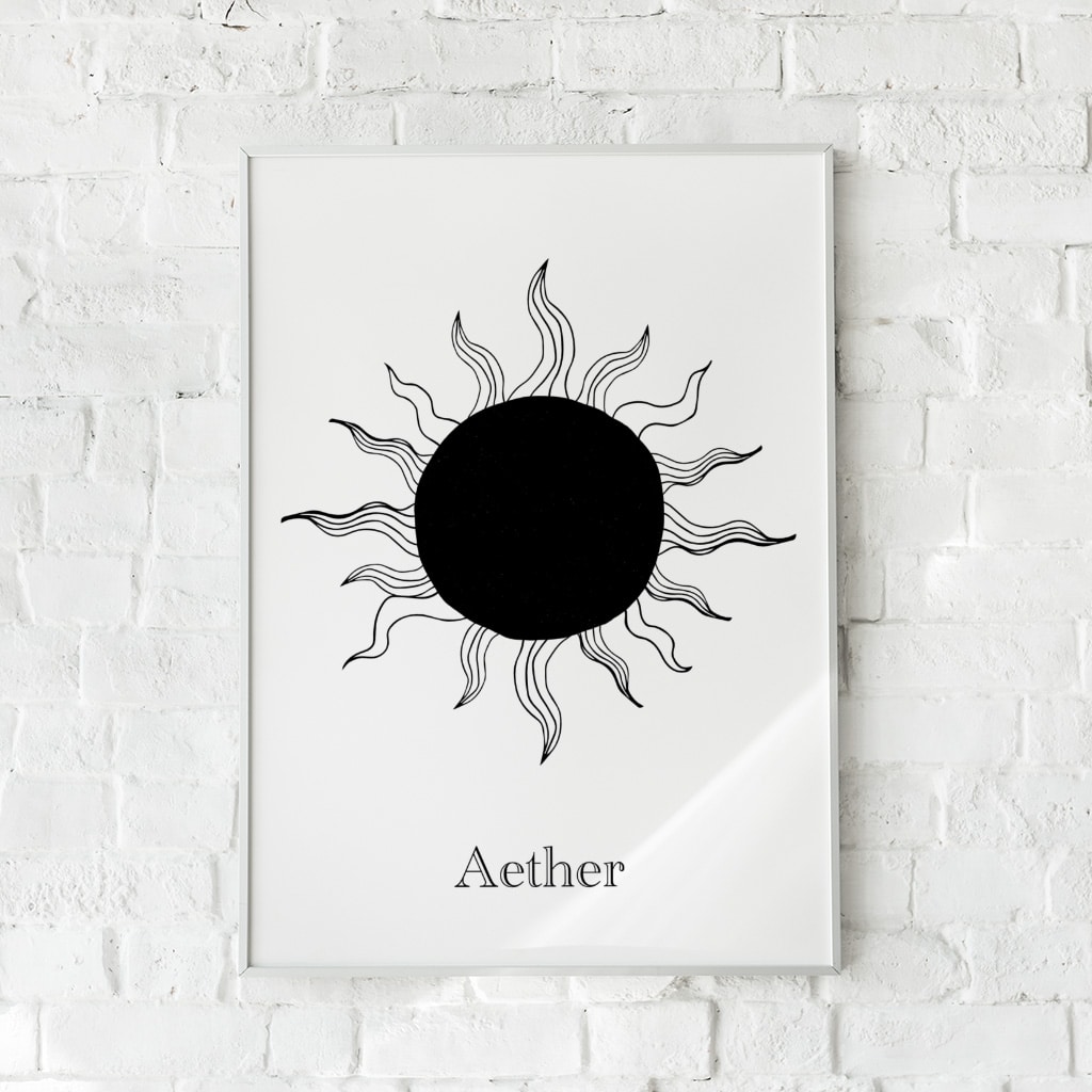 Minimalistisk plakat med en sort sol og bølgende stråler.