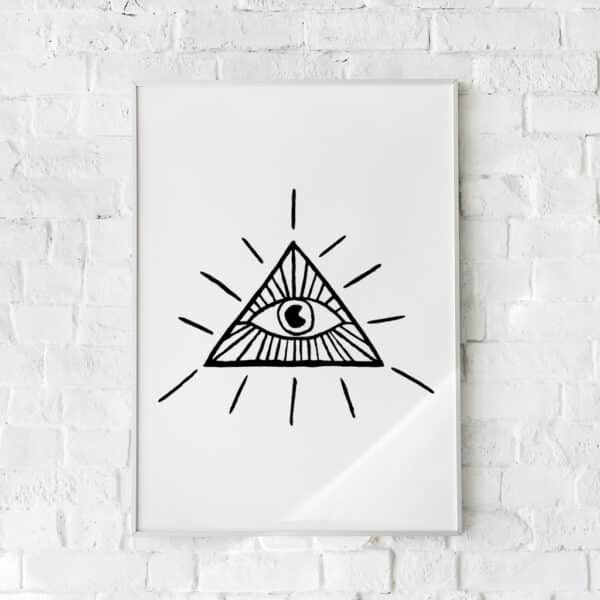 Minimalistisk plakat med et trekantet øje og strålende linjer.