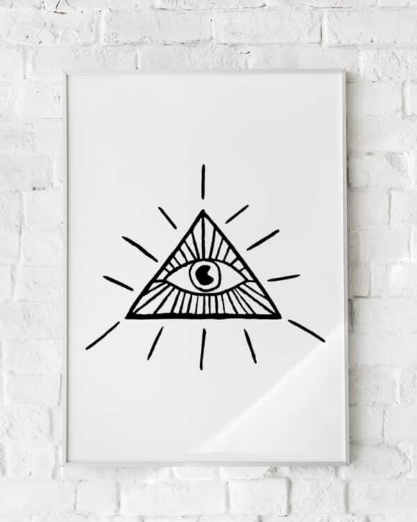 Minimalistisk plakat med et trekantet øje og strålende linjer.