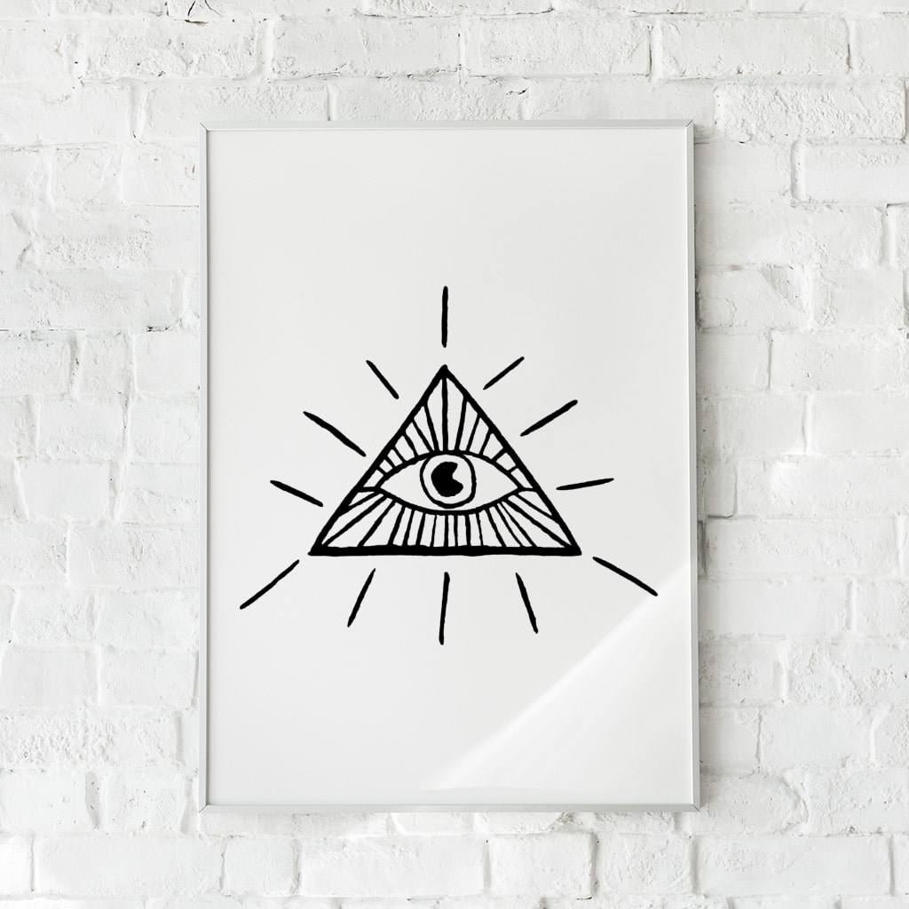 Minimalistisk plakat med et trekantet øje og strålende linjer.