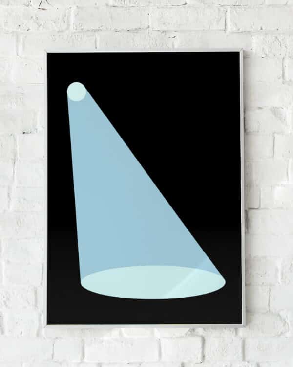Minimalistisk plakat med en blå lyskegle på sort baggrund.