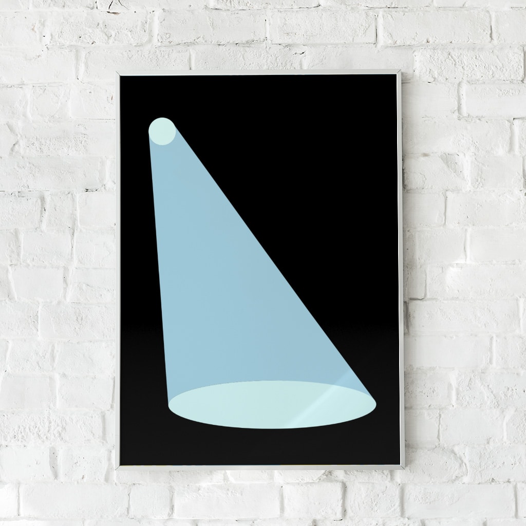 Minimalistisk plakat med en blå lyskegle på sort baggrund.
