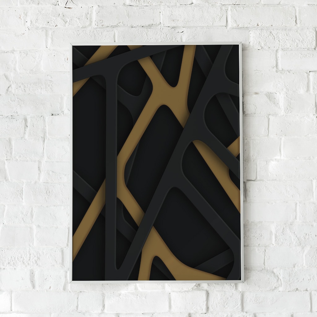 Plakat med et netværk af krydsende linjer i sort og guld.