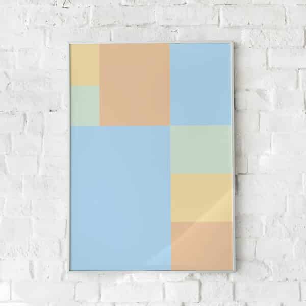Minimalistisk plakat med geometriske firkanter i pastelfarver.