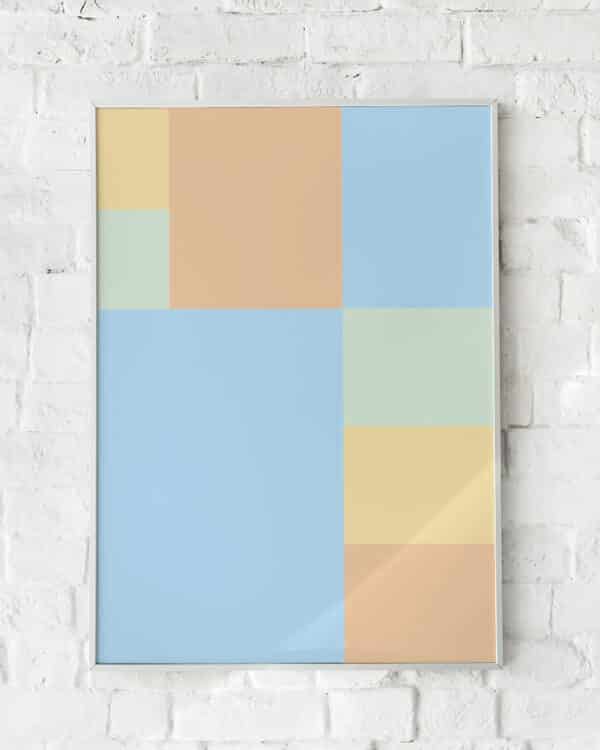 Minimalistisk plakat med geometriske firkanter i pastelfarver.