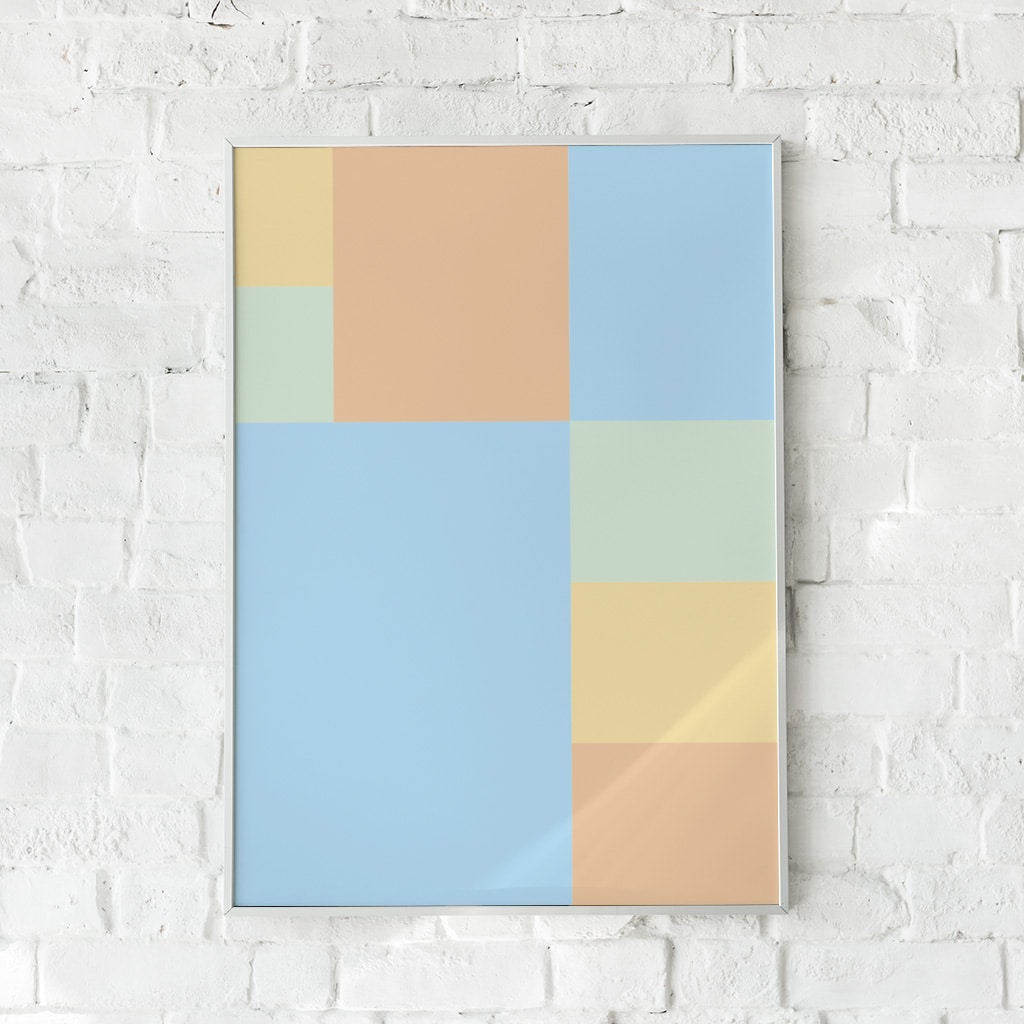 Minimalistisk plakat med geometriske firkanter i pastelfarver.