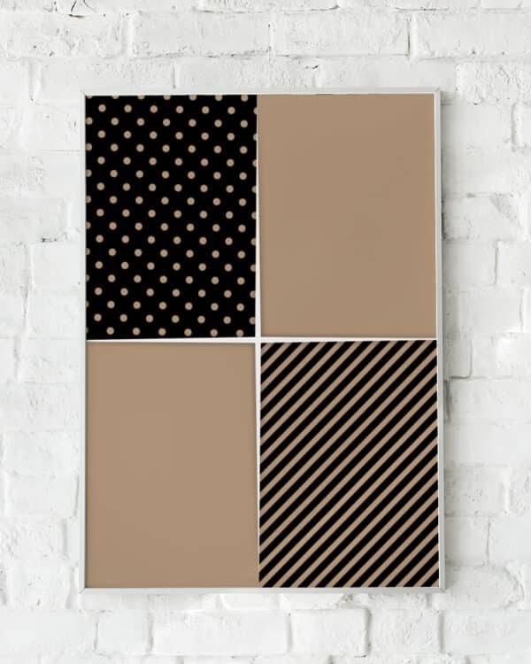 Grafisk plakat med sorte og beige felter og mønstre.