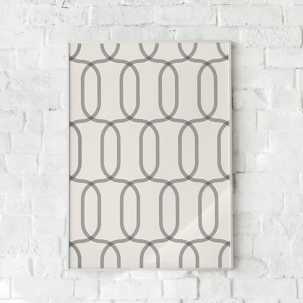 Geometrisk plakat med symmetriske ovale former i sort og creme.