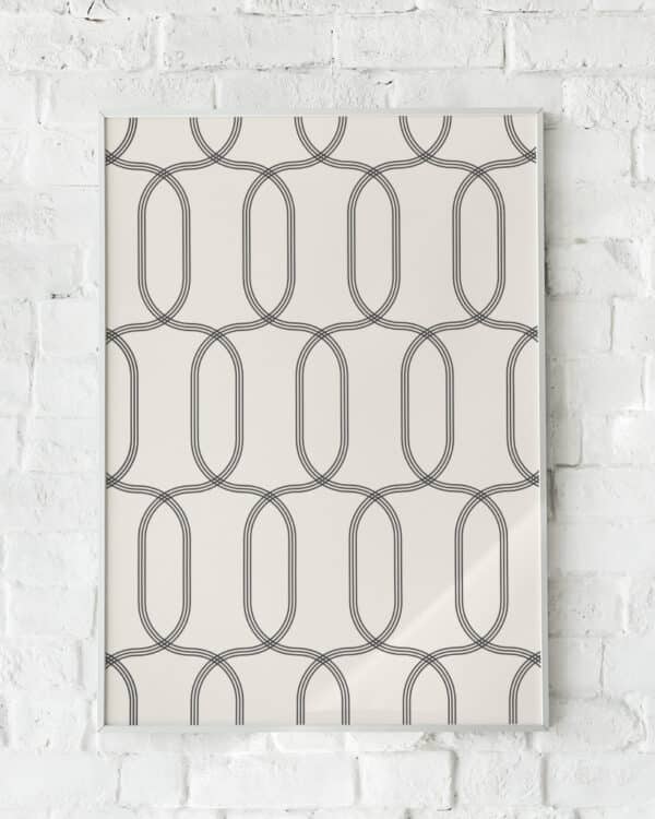 Geometrisk plakat med symmetriske ovale former i sort og creme.
