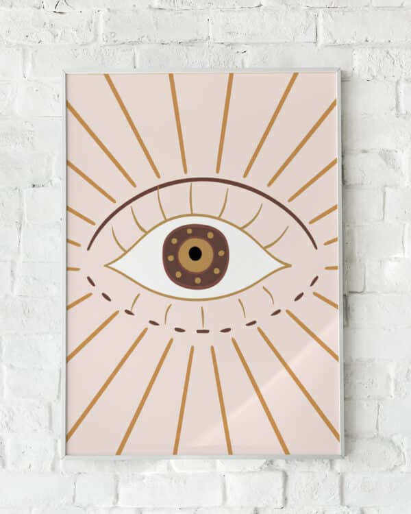 Mystisk plakat med et symbolsk øje og jordfarver.