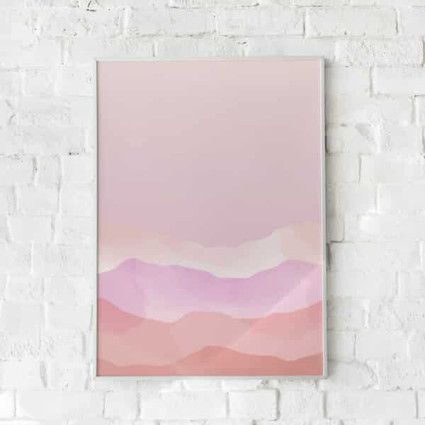 Minimalistisk plakat med rosa landskab og bløde farveovergange.