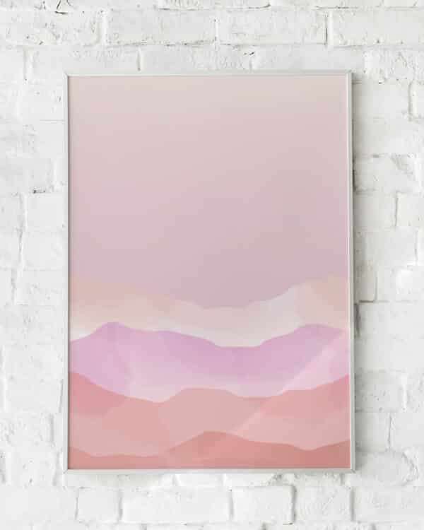 Minimalistisk plakat med rosa landskab og bløde farveovergange.
