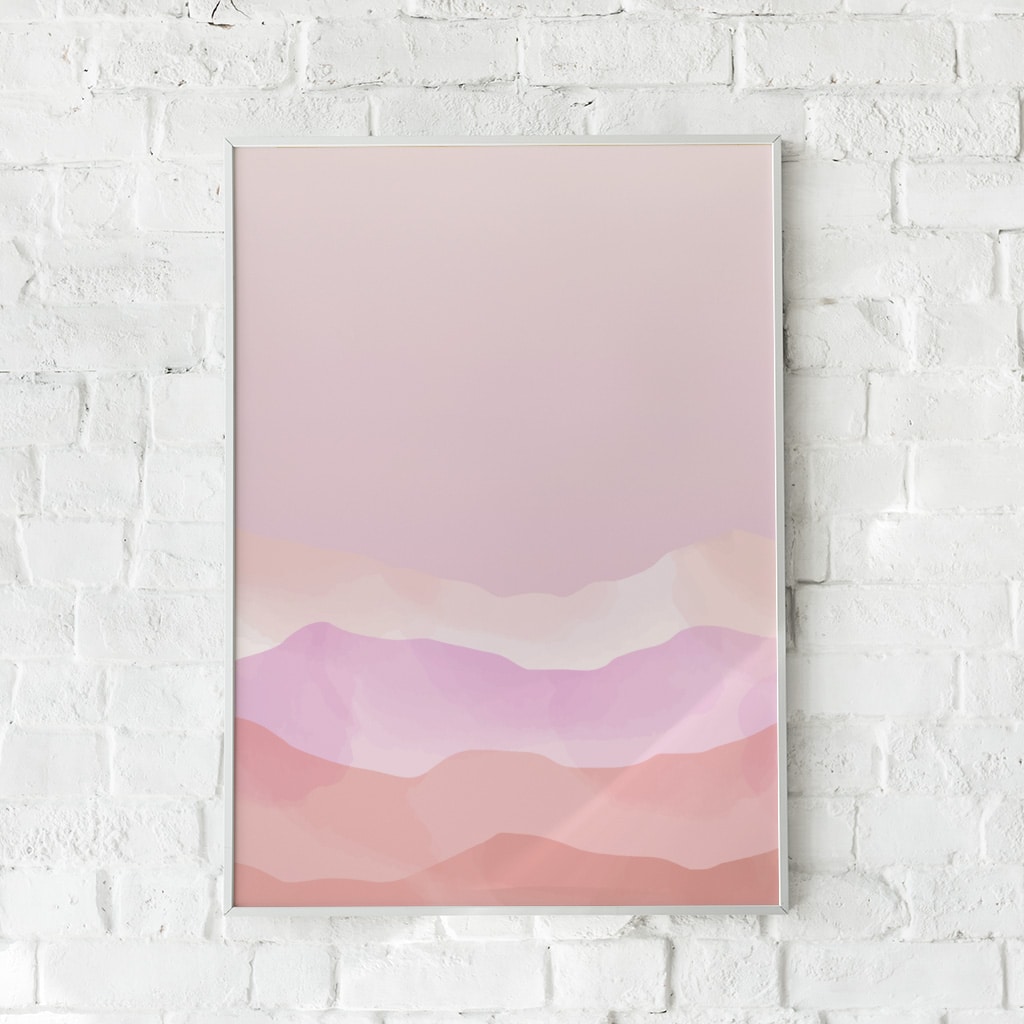 Minimalistisk plakat med rosa landskab og bløde farveovergange.