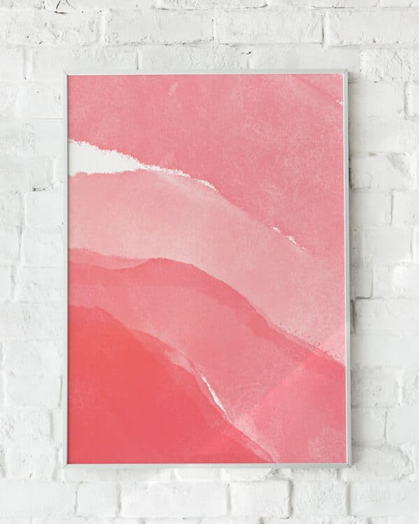 Abstrakt plakat med flydende farver i rosa og koral.