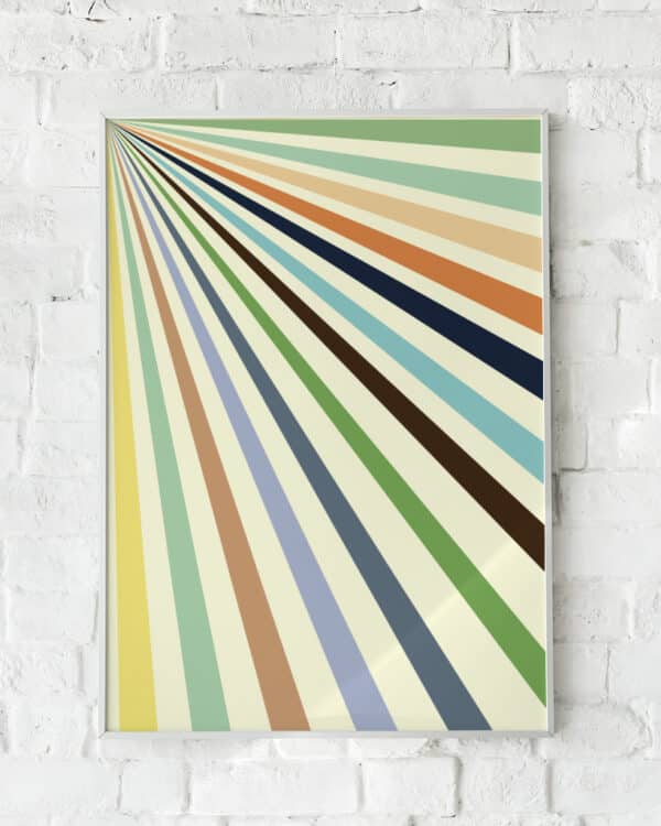 Grafisk plakat med diagonale striber i varme og kolde farver.