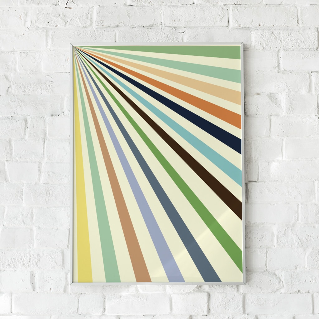 Grafisk plakat med diagonale striber i varme og kolde farver.