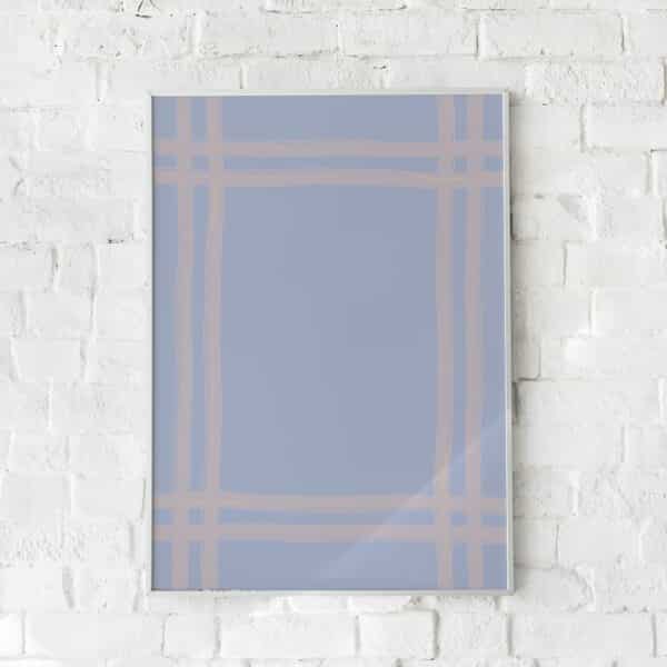 Minimalistisk plakat med vævede linjer i blå nuancer.