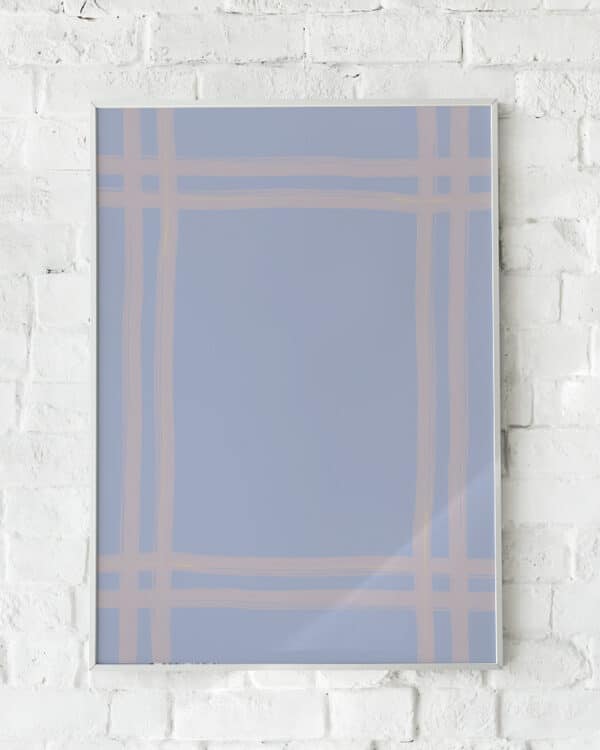 Minimalistisk plakat med vævede linjer i blå nuancer.