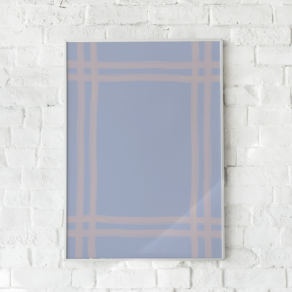 Minimalistisk plakat med vævede linjer i blå nuancer.