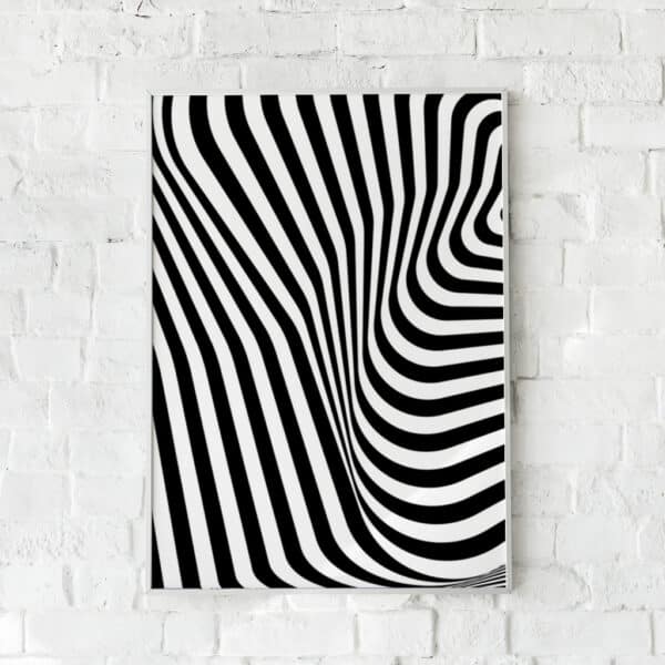 Sort-hvid plakat kaldet "Zebra lines" med abstrakte, bølgende linjer inspireret af zebra-mønsteret.