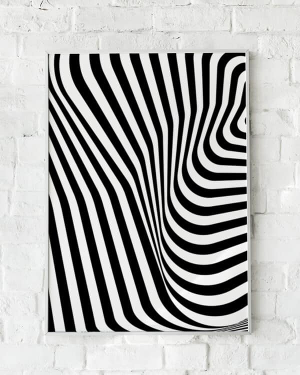 Sort-hvid plakat kaldet "Zebra lines" med abstrakte, bølgende linjer inspireret af zebra-mønsteret.