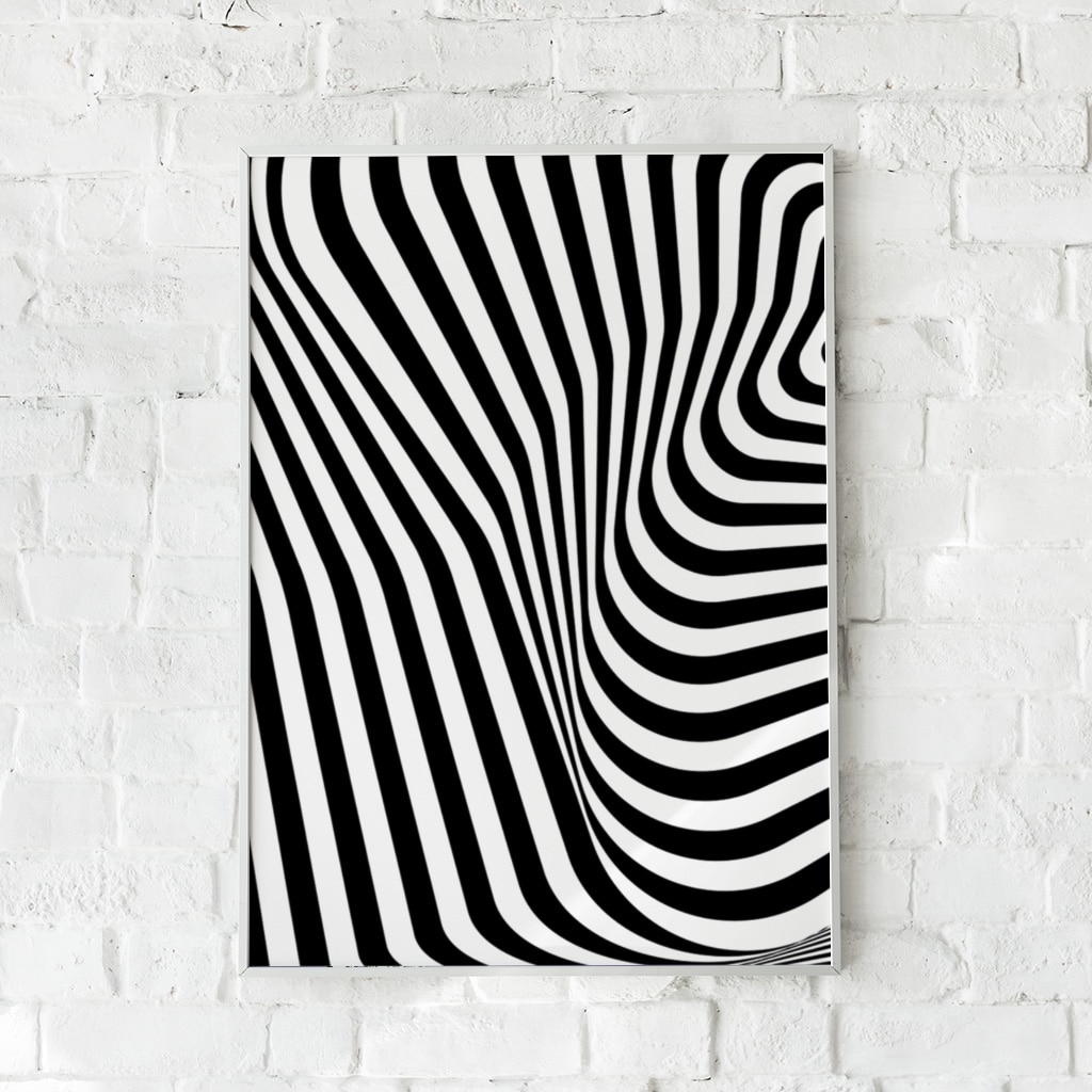 Sort-hvid plakat kaldet "Zebra lines" med abstrakte, bølgende linjer inspireret af zebra-mønsteret.