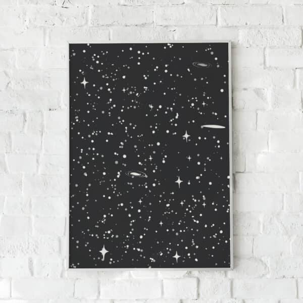 Stjernemotiv plakat med galakser og planeter på sort baggrund – "Astral". En drømmende og astronomisk vægkunst.