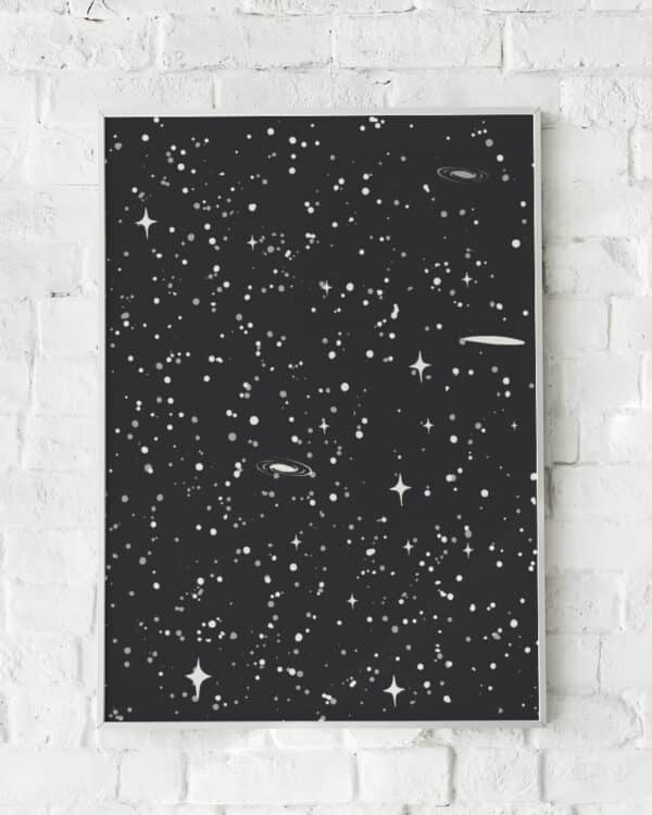 Stjernemotiv plakat med galakser og planeter på sort baggrund – "Astral". En drømmende og astronomisk vægkunst.