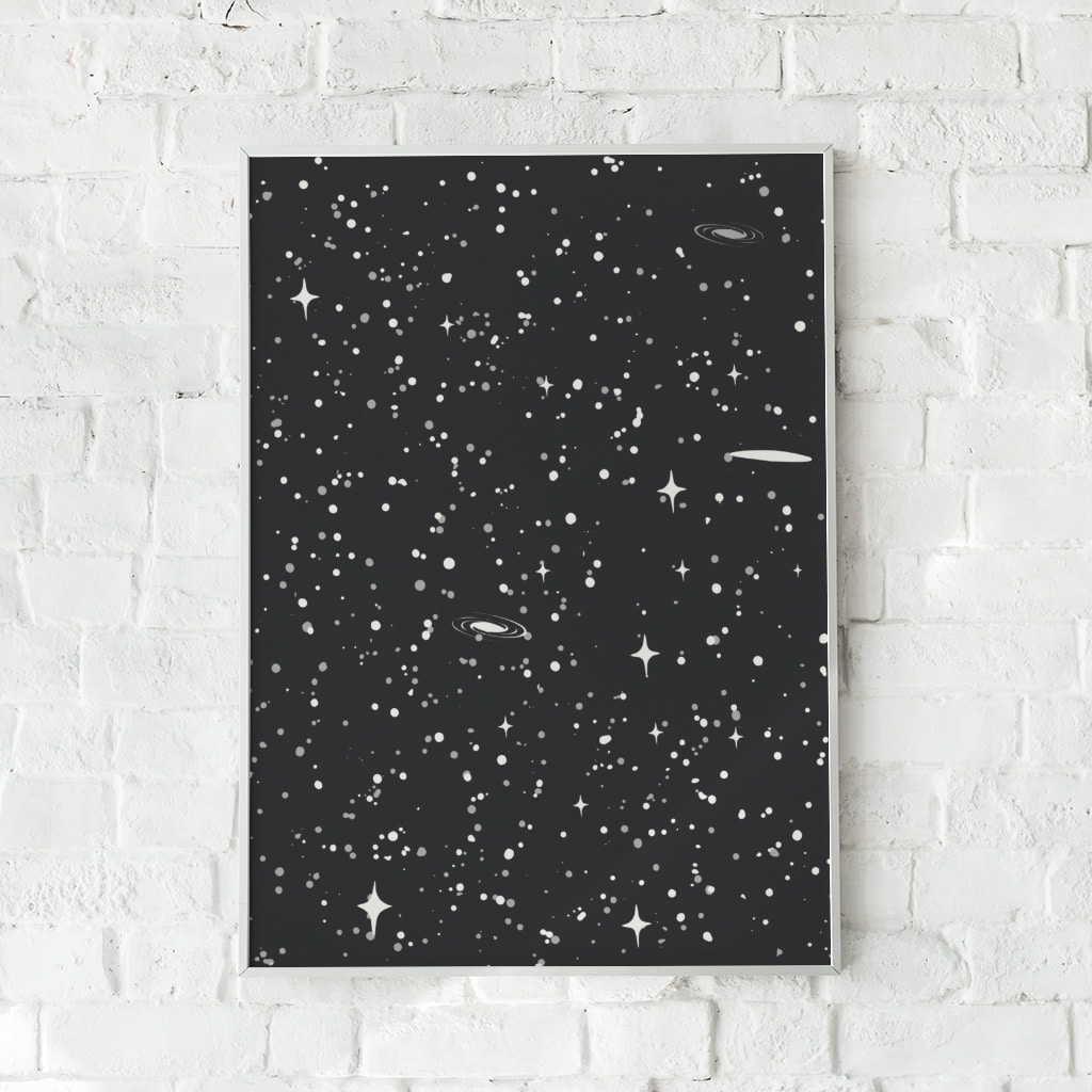 Stjernemotiv plakat med galakser og planeter på sort baggrund – "Astral". En drømmende og astronomisk vægkunst.